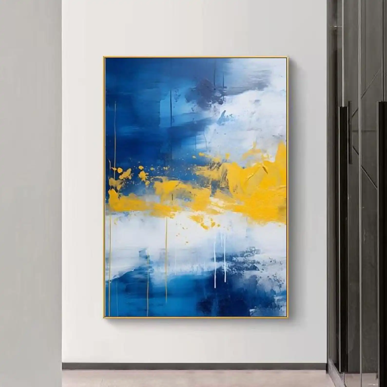Mhemyo Large Abstract Hand Painted Oil Painting On Canvas Layered Paint Blue And Gold Modern Wall Art For Living Room Home Decor