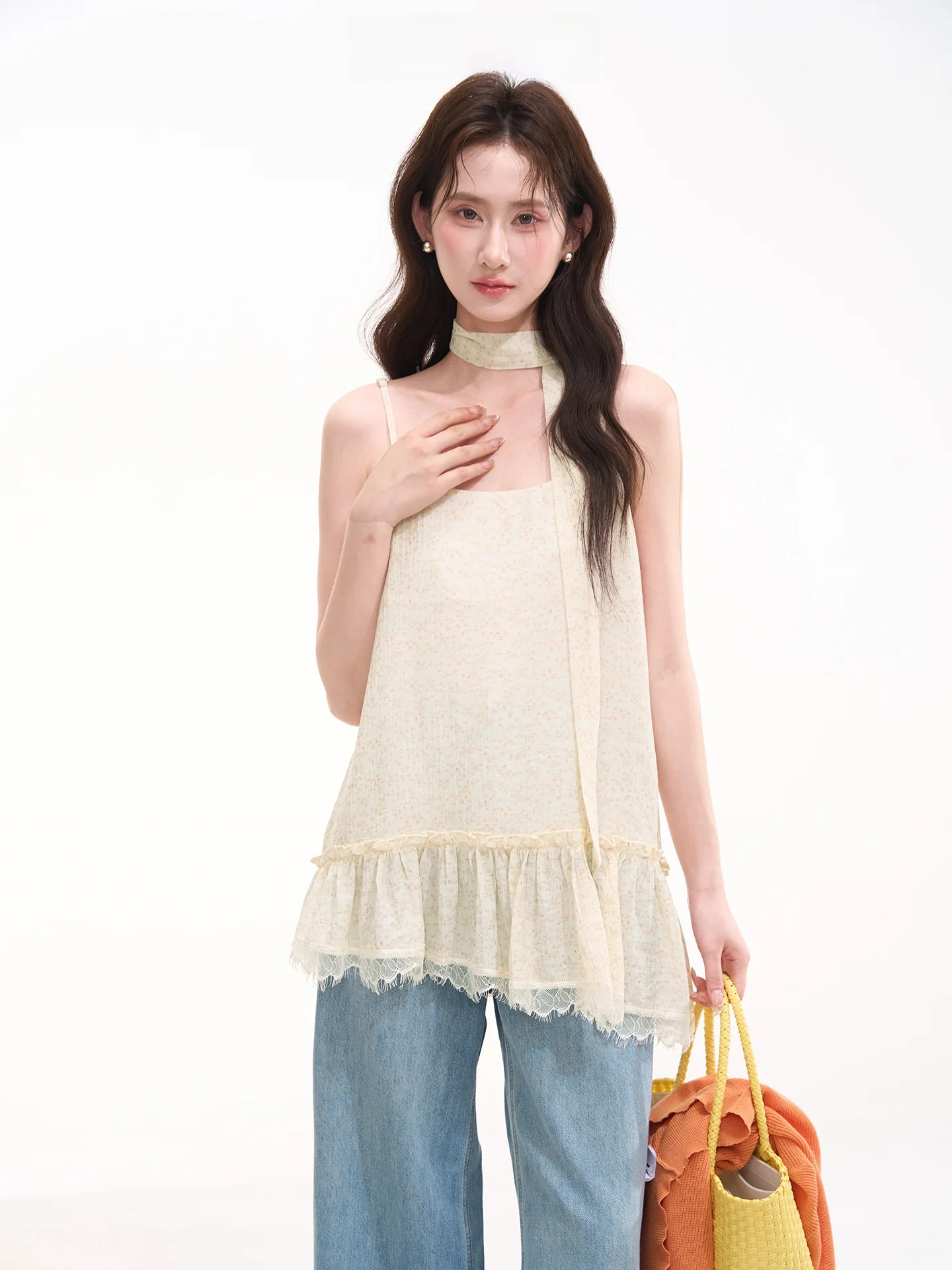 Summer Women's Sweet Cherry Blossom Korean Style Floral Lace Trim Halter Top Vest Mid-Length Loose Fit Outerwear U-Neckline