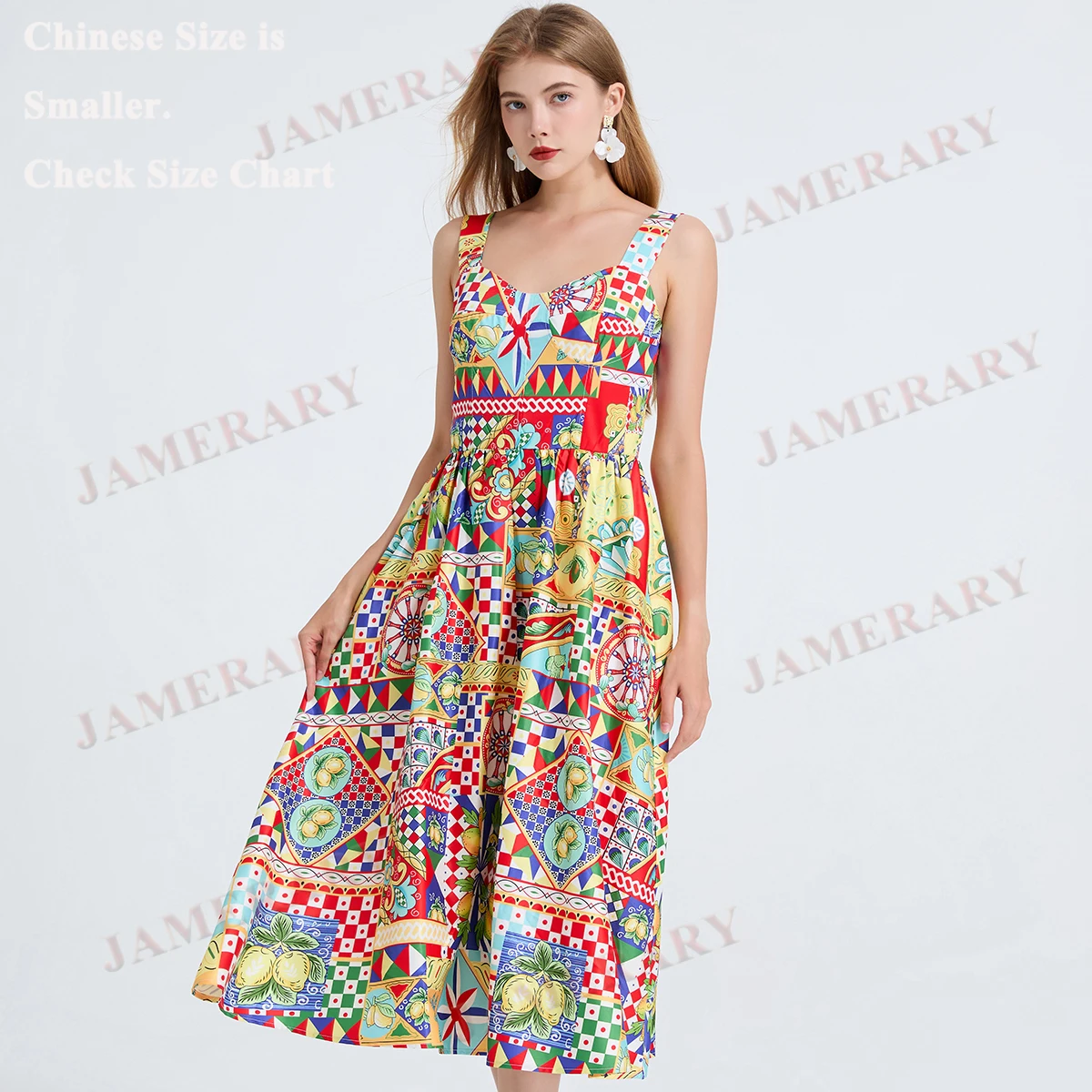 Palace Baroque Summer Print Long Dresses Women Strap Floral Sundress Lemond Beach Midi Dress Lady Elastic Elegant Vestidos