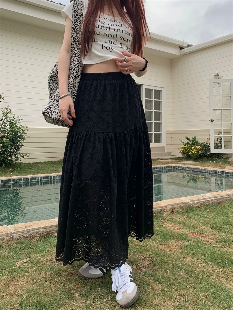 Benuynffy Black Hollow out Lace Ruffled Long Skirts Women Spring Summer 2024 High Elastic Waist Sweet Casual White A-Line Skirt