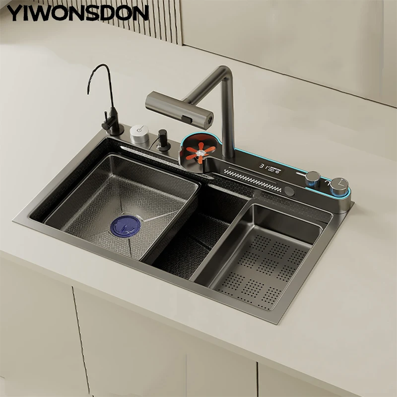 

Digital Display Multifunctional Nano Sink Kitchen Waterfall Faucet Vegetable Washing Basin Pure Tap Large Single Slot Cup Washer