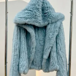 Real Rabbit Fur Coat Autumn Winter 100% Natural Fur Jacket Women Hooded Flare Sleeves New Loose Manual Weave Quality Streetwear