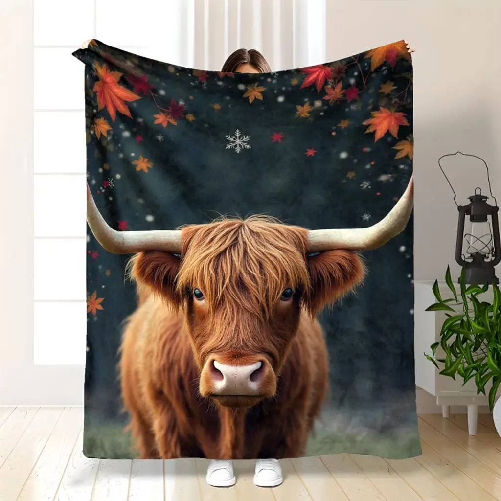 Cozy Highland Cow Fall Autumn Snowflake Blanket Throw Giant Pet Animal Print Decorative Fleece Blankie 150x200cm