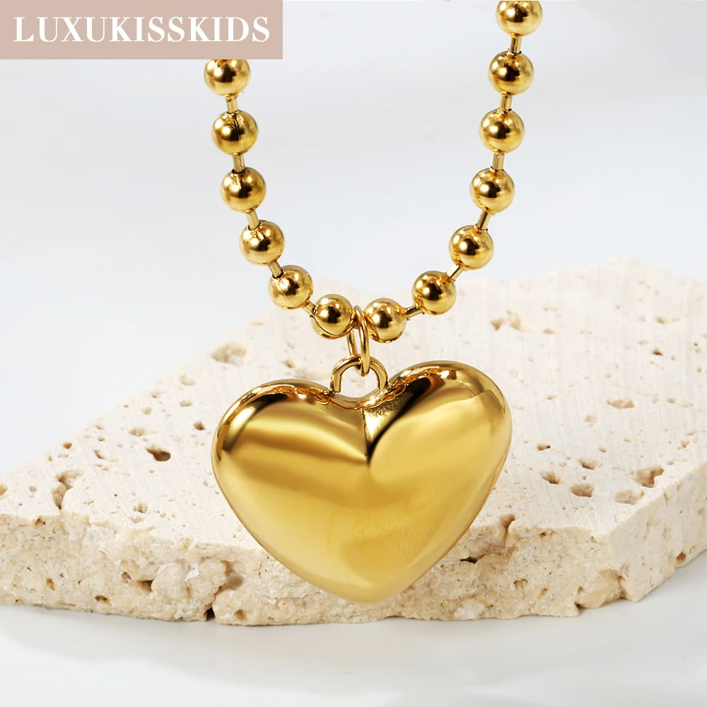 LUXUKISSKIDS New Punk Big Love Heart Pendant Necklace for Women/Girls Beads Chains String Choker Couple Clavicle Collier Jewelry