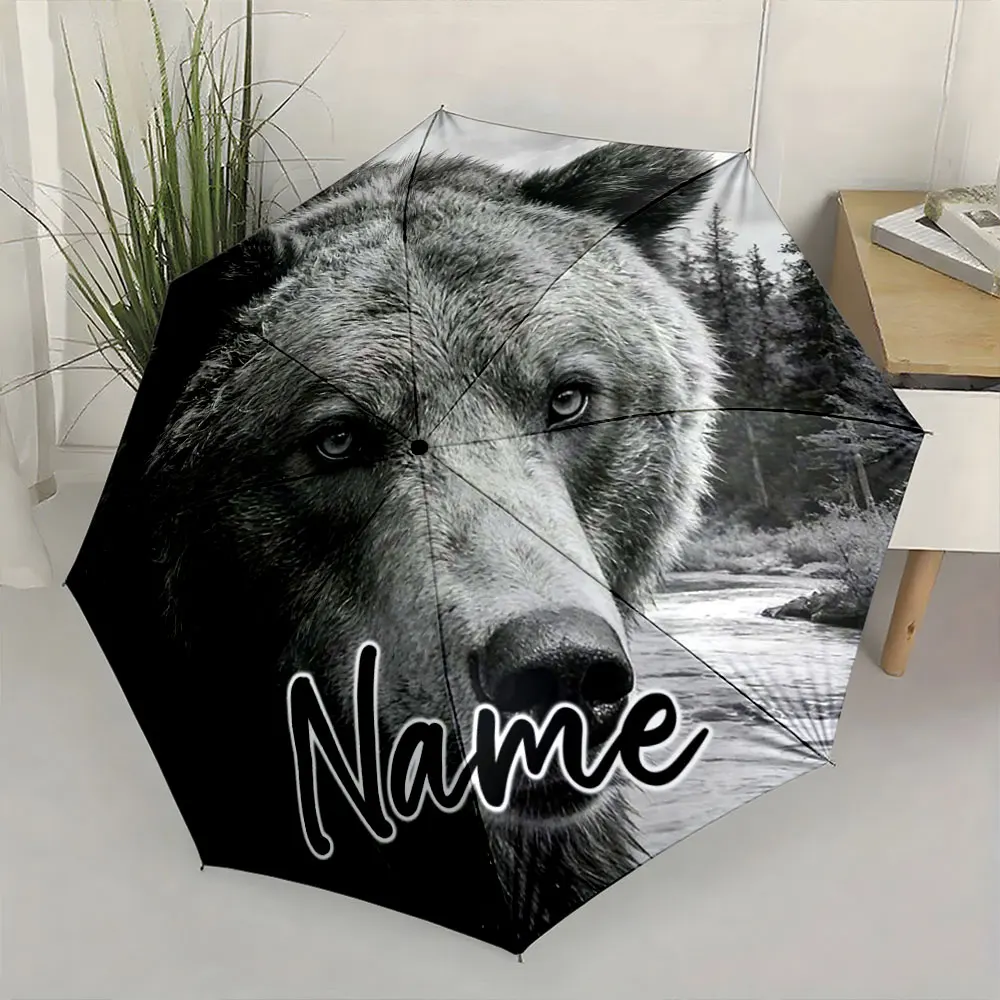 Custom Name Umbrella Bear Umbrella Design for Nature Lovers Print 8 Iron Ribs Folding Umbrella Auto-Open Fashion Sunshade