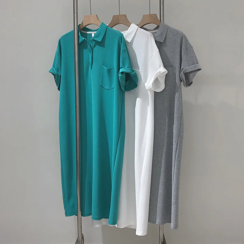 

Summer Solid Dresses Woman Polo Neck Dress Clothes For Lady Korean Casual Loose Short Sleeve Long Tshirt Dress XL 2XL