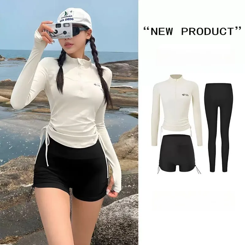 Swimwear Sports Style Long Sleeved Sunscreen Fashion Two-piece Set Women Conservative Slimming Effect Drawstring Flat Corner