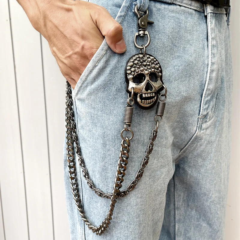 Men\'s Woman Waist Key Chain Skull Head Metal Vintage Hip Hop Gothic Punk Skeleton Pants Trousers Jean Biker Wallet Key Ring