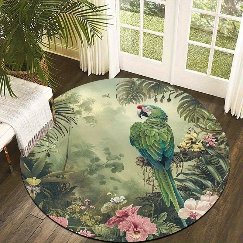 Round Tropical Parrot Area Rug, Exotic Rainforest Jungle Floor Mat, Unique Zen Housewarming Gift Including Non-Slip Backing