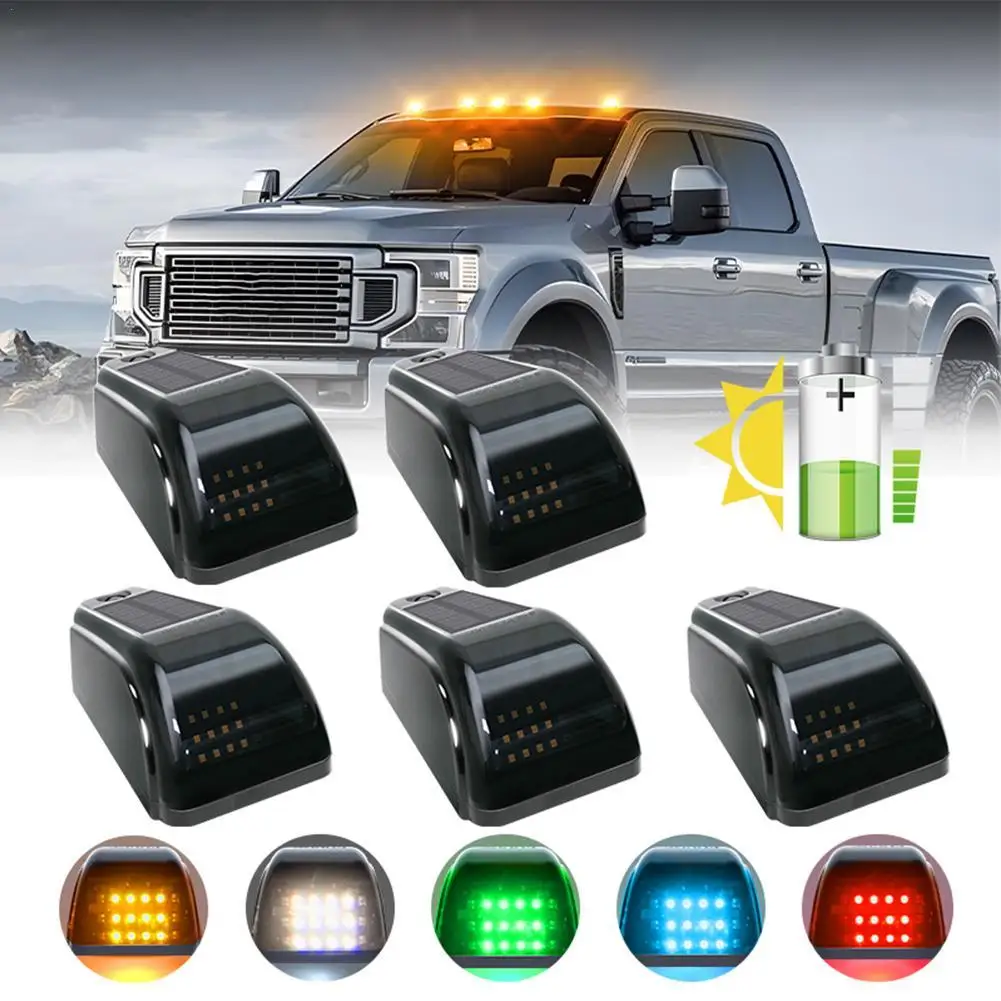 5Pcs Solar Powered Cab Lights No Drill Black Marker Light Wireless Vibration Sensor Truck Cab Roof Lights For Car