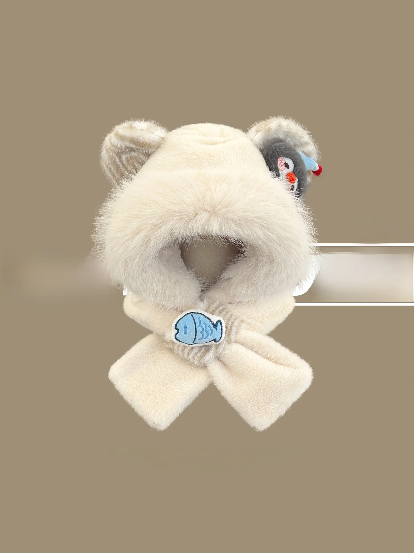 Cute Penguin Fish Bear Ear Plush Hat Scarf  Winter Cold Proof Warm Ear Protection Two Piece Set Cycling Versatile