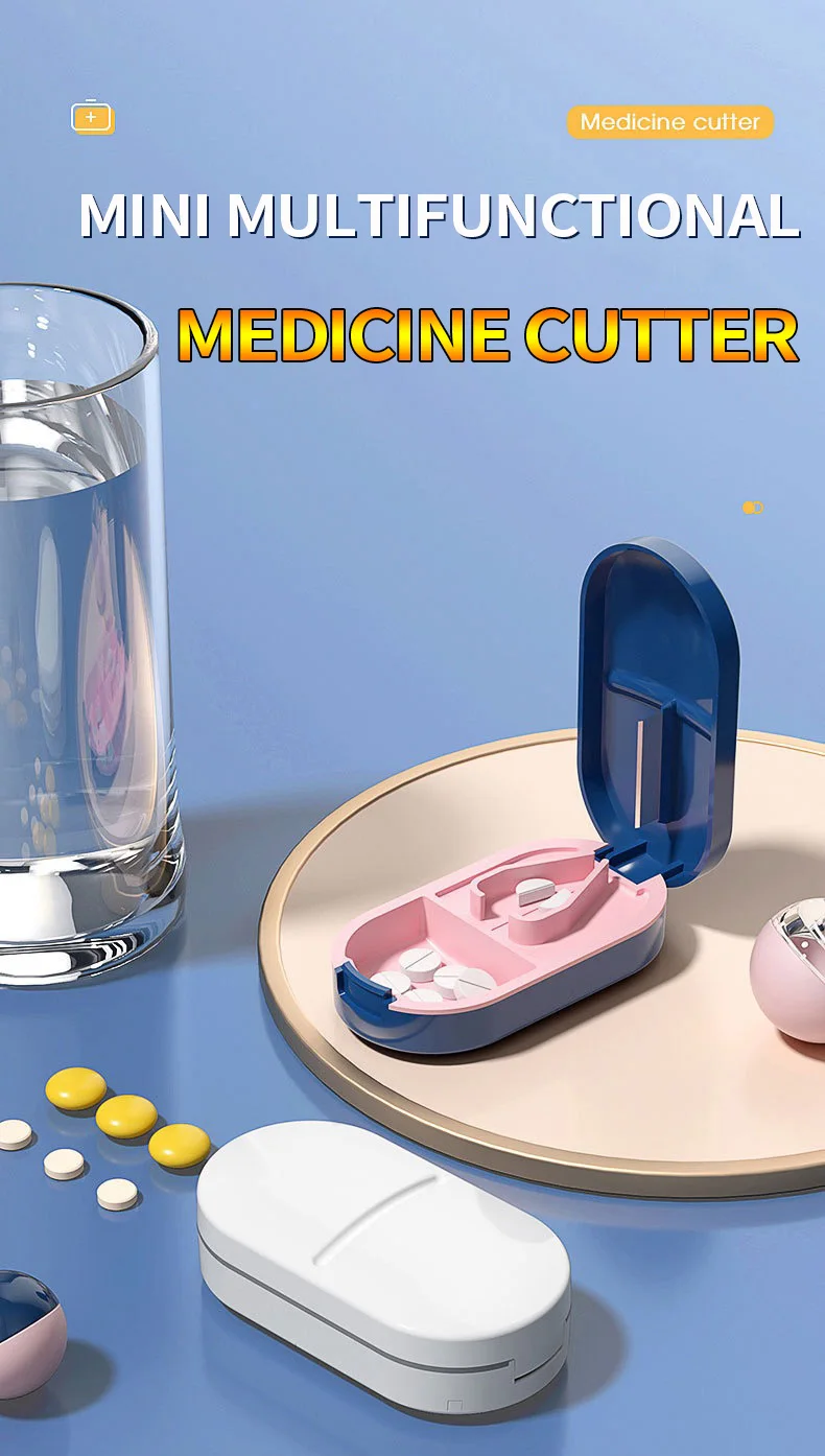 Tragbarer Pillenteiler 2-in-1 Pillendose mit Edelstahlklinge, geeignet zum Schneiden von Vitamin- und Tabletten in 1/2 und 1/4 Stück. – Detail 1