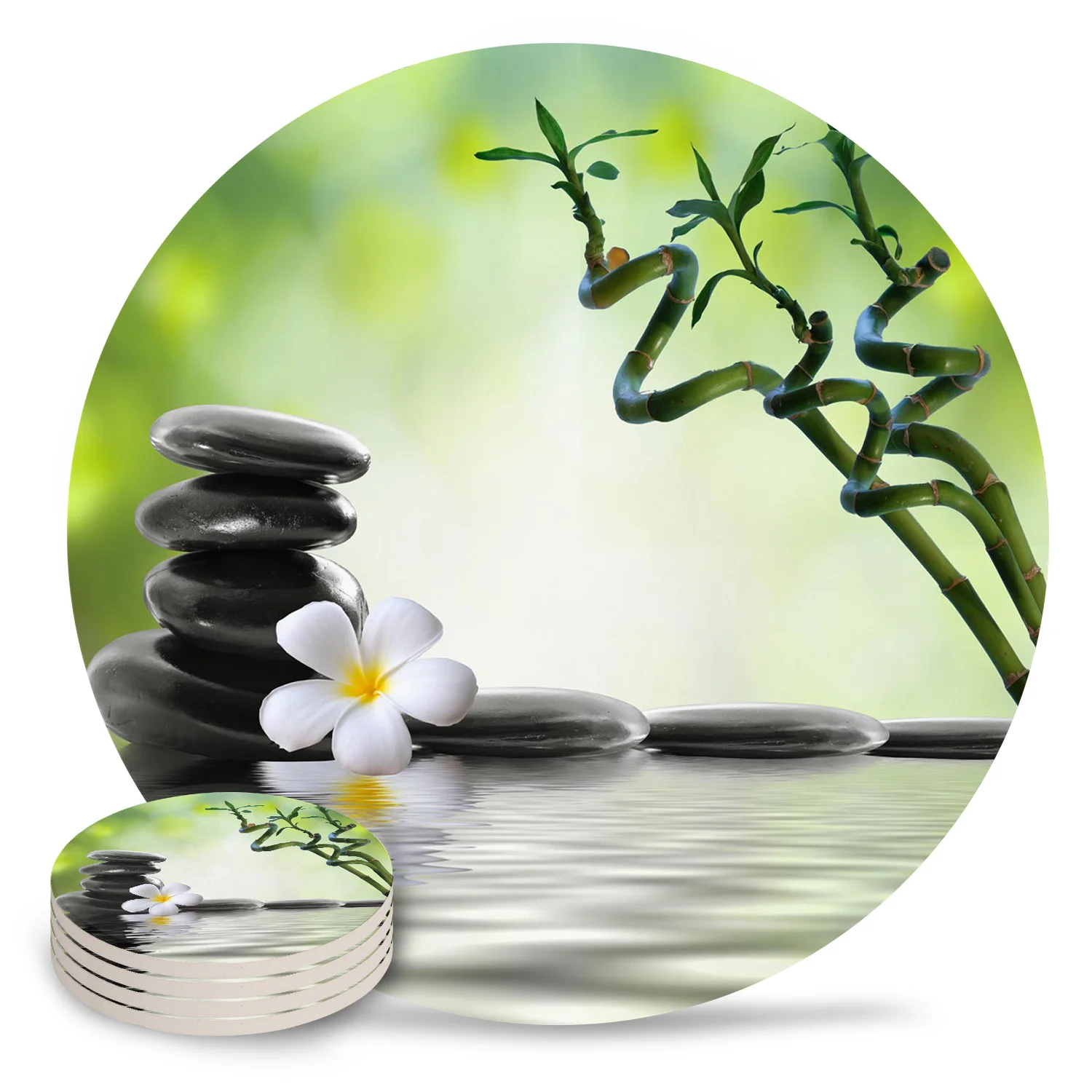 Orchid Stones Bamboo Flower Zen Green Coasters Ceramic Set Round Absorbent Drink Coaster Coffee Tea Cup Placemats Table Mat