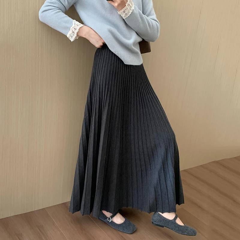 Autumn Winter High Waist Knitted Long Skirts Women Elegant Elastic Thicken Warm Skirt Woman Korean Solid Color Pleated Skirts