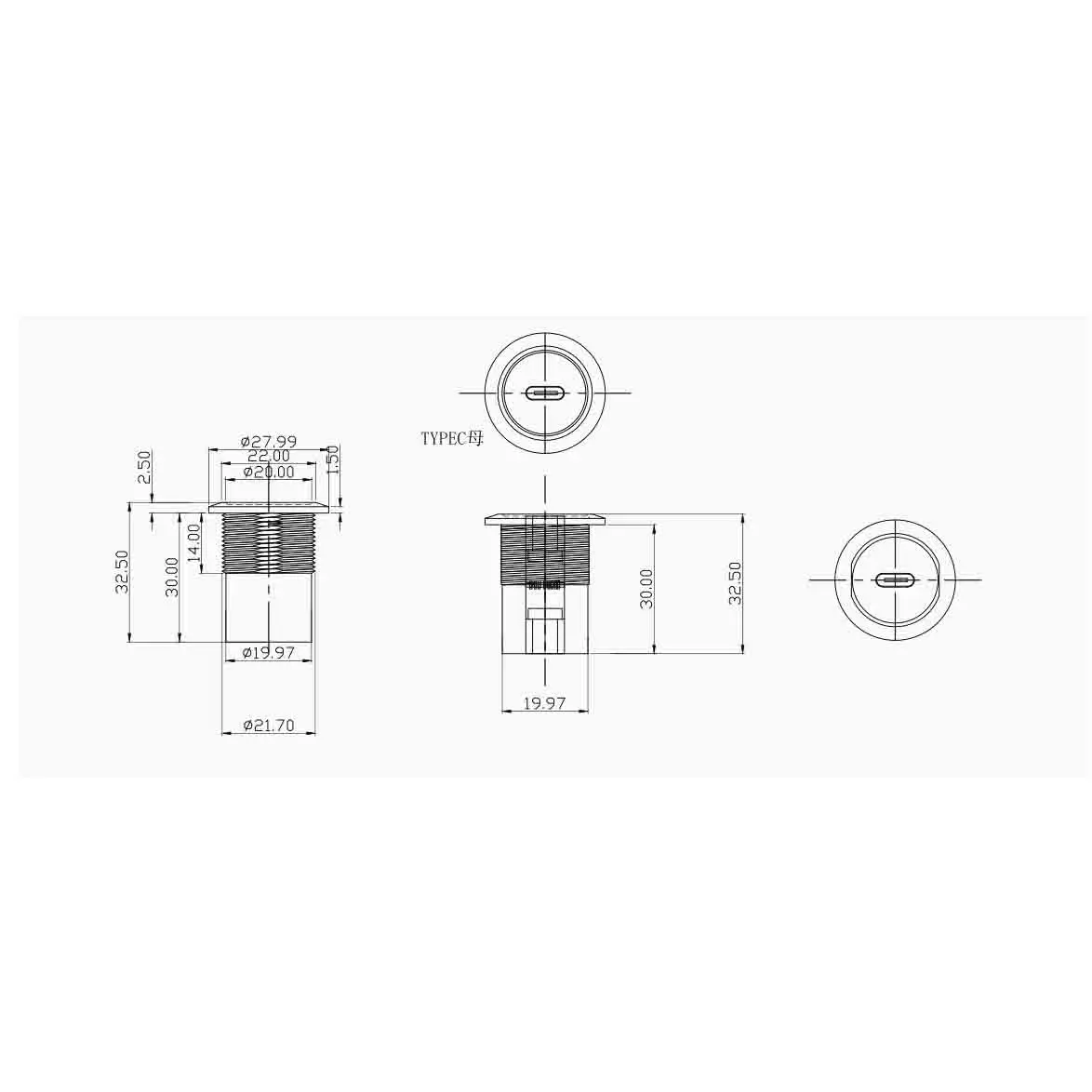 USB Adapter USB Type C Panel Mount For PC Laptop Mobile Device