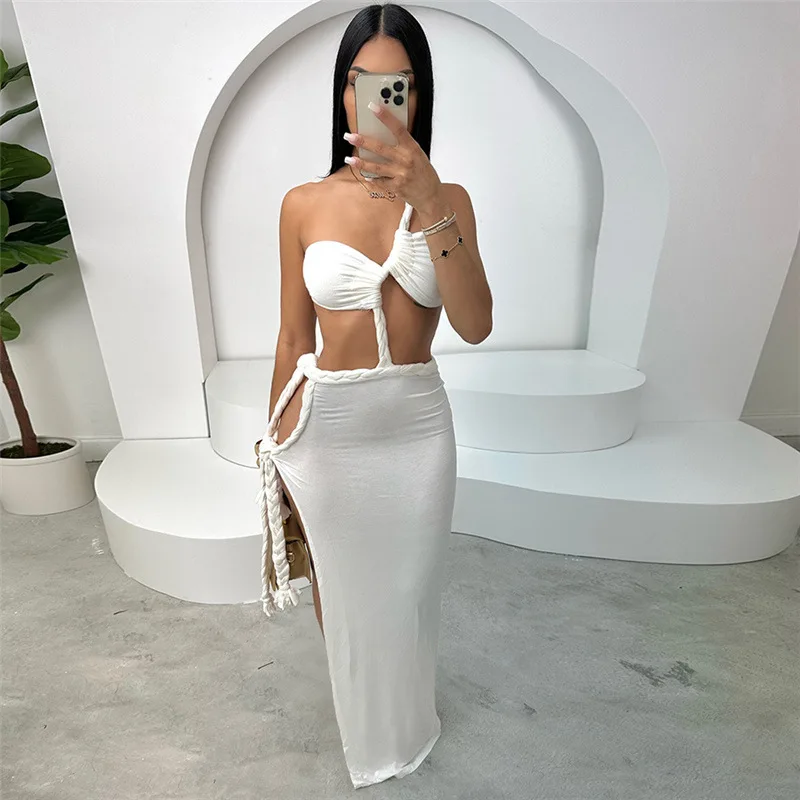 

Women Sexy Hollow Out Plait Bandage Bodycon Maxi Party Dress Strapless One Shoulder Sleeveless Backless Split Night Clubwear