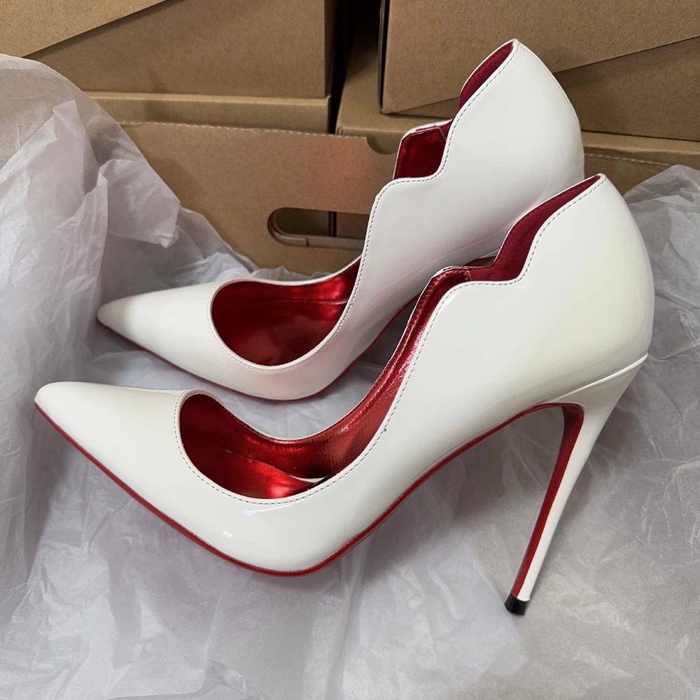 Heelgoo Glossy White Elegant Curl Cut Women Pointy Toe 12cm High Heels Black Dress Shoes Sexy V Cut Lady Wedding Stiletto Pumps