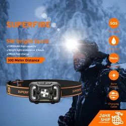 SUPERFIR HL16 COB Headlamp USB Rechargeable Headlight 500 Lumens Ultra Bright LED Head Flashlight Built-in Battery Motion Sensor