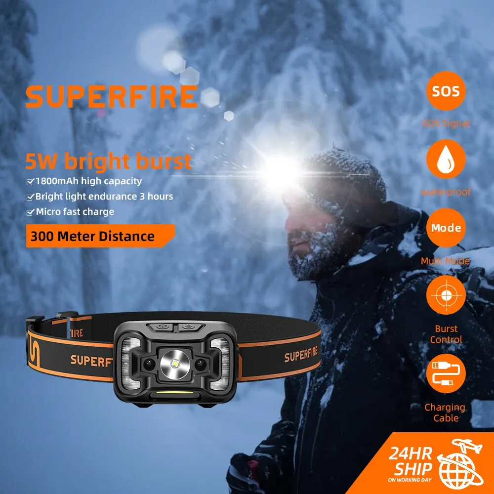 Imagem -01 - Superfir Hl16 Cob Farol Recarregável Usb 500 Lumens Ultra Brilhante Led Cabeça Lanterna Bateria Embutida Sensor de Movimento superfir hl16 cob farol recarregavel usb 500 lumens ultra brilhante led cabeca lanterna bateria embutida sensor de movimento 01