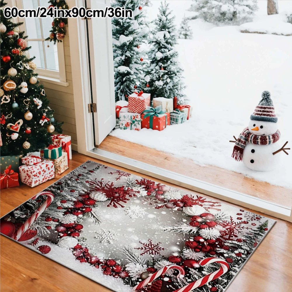 1pc Christmas Candy Wreath Snowflake Red Grape Pattern Area Rug, 2D Flat Retro Design, Ultra‑Soft Short‑Pile, Festive Home Decor