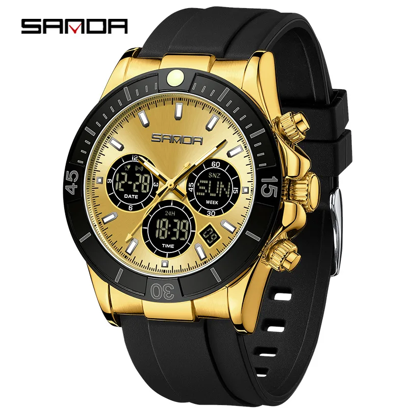 Moda Sanda 6192 relógio de quartzo masculino multifuncional à prova d'água esportes display duplo pulseira de silicone preto relógio de pulso para homens