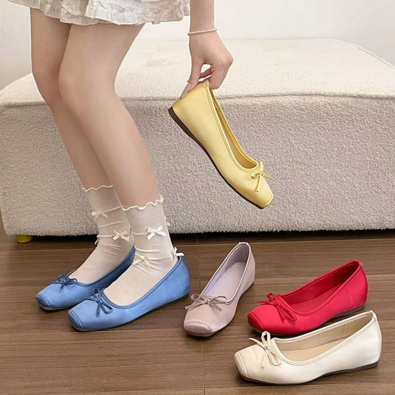 Satin Square Toe Women Ballet Flats Elegant Shallow Slip On Dress Ladies Shoes Soft Sole Casual Multicolor Daily Walk Footwear