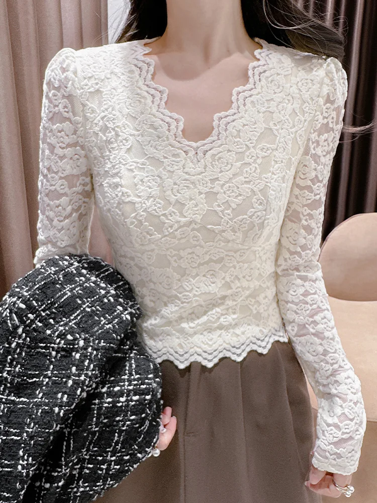 

Изящный женский тонкий базовый топ с V-образным вырезом, кружевной отделкой и узором, для осенне-зимнего сезона, сексуальная нижняя одежда
