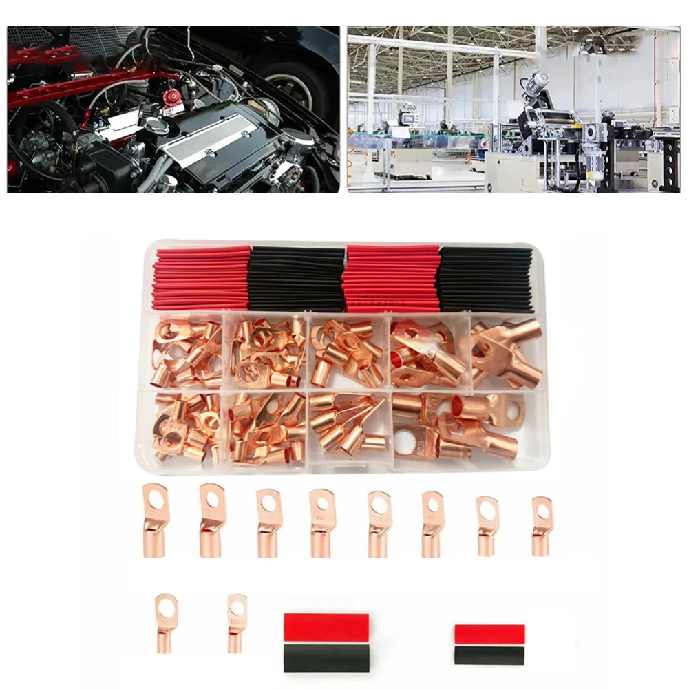 130PCS Copper Wire Terminal Block Kit With Heat Shrink Tubing Ring Connector Set For Battery Cable Electrical Applications