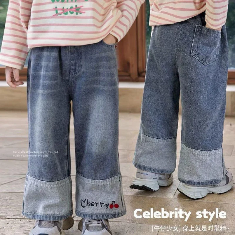 

Girls' autumn clothing suits2025Children's Jeans New Arrival Straight Pants Baby Vest Striped Shirt Three-piece Set