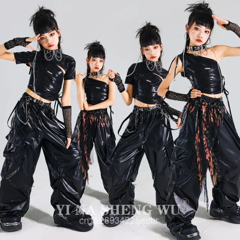 Girls K-pop Shiny Crop Top Skirts Street Dance Cargo Pants Kids Hip Hop Jazz Girl Group Clothes Sets Children Streetwear Costume