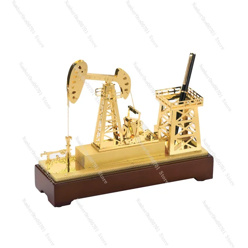 Copper Oil Drilling Rig Model, Xinjiang/Daqing Oilfield Pumpjack Replica, Retirement Gift for Engineers