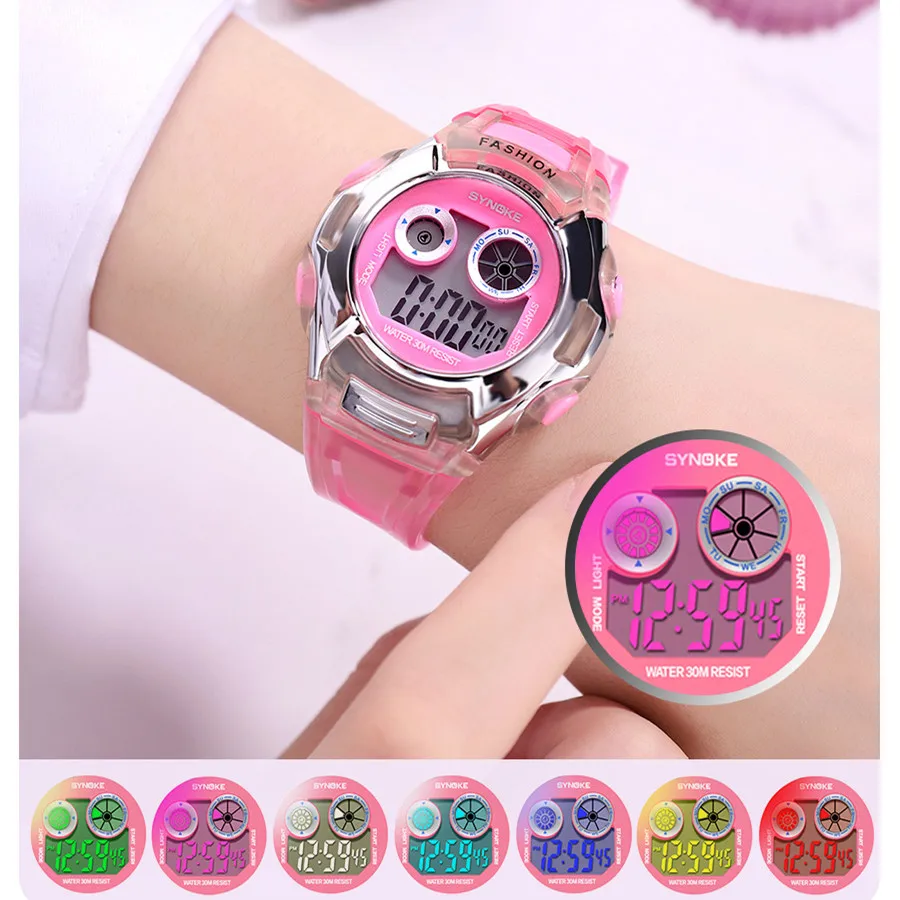 Student Electronic Watch Waterproof Sports Children Watch Glow Multi Function Digital Watch Seven Colors Light Gift Synoke