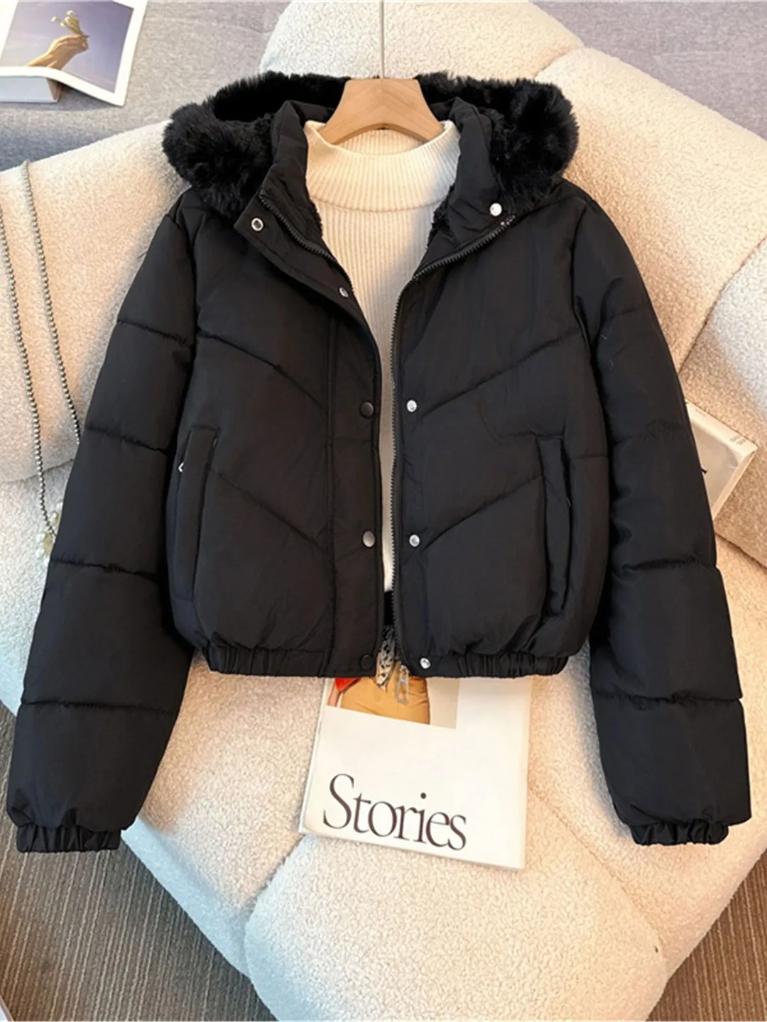 

Bla Hooded Cotton Jaet Women's plus Size ort Sle Fur Collar Winter Coat Sli Commuter Korean Loose Fit Zipper Closure