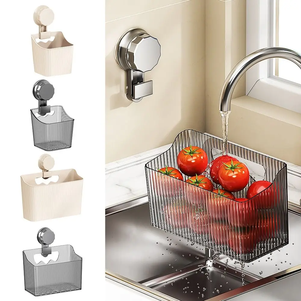 

Suction Cup Kitchen Storage Basket Wall Mounted Transparent Seasoning Storage Box Large Capacity Bathroom Storage Rack