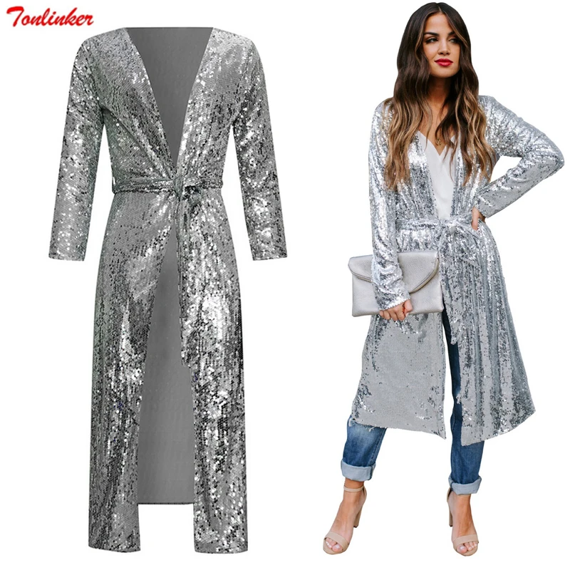 

Fashion Silver Sequins Long Cardigan Elegant Casual Women Jacket And Belt Open Stitch Feminino Ouro Lantejo Spring New