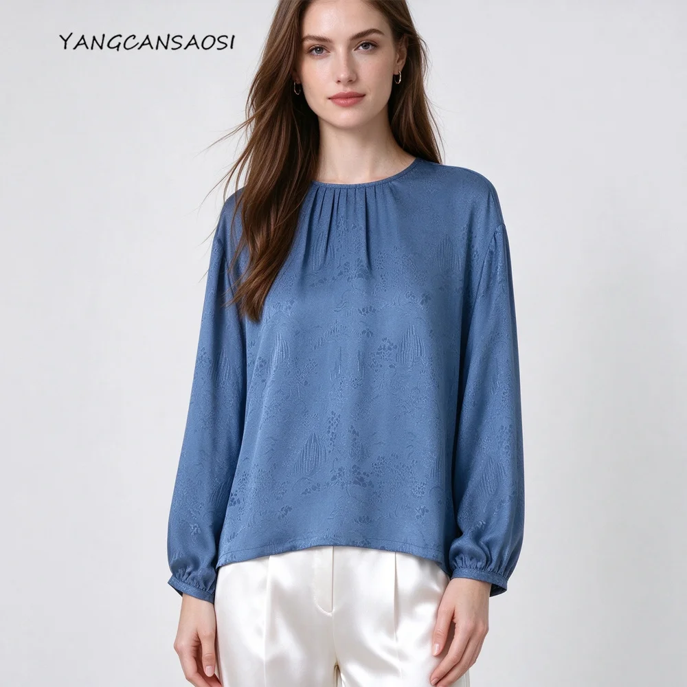 2026 Women's Fashion Autumn New Blue Jacquard 100% Natural Mulberry Silk HuaLuo Round Neck Long Sleeve Skin Friendly T-shirt