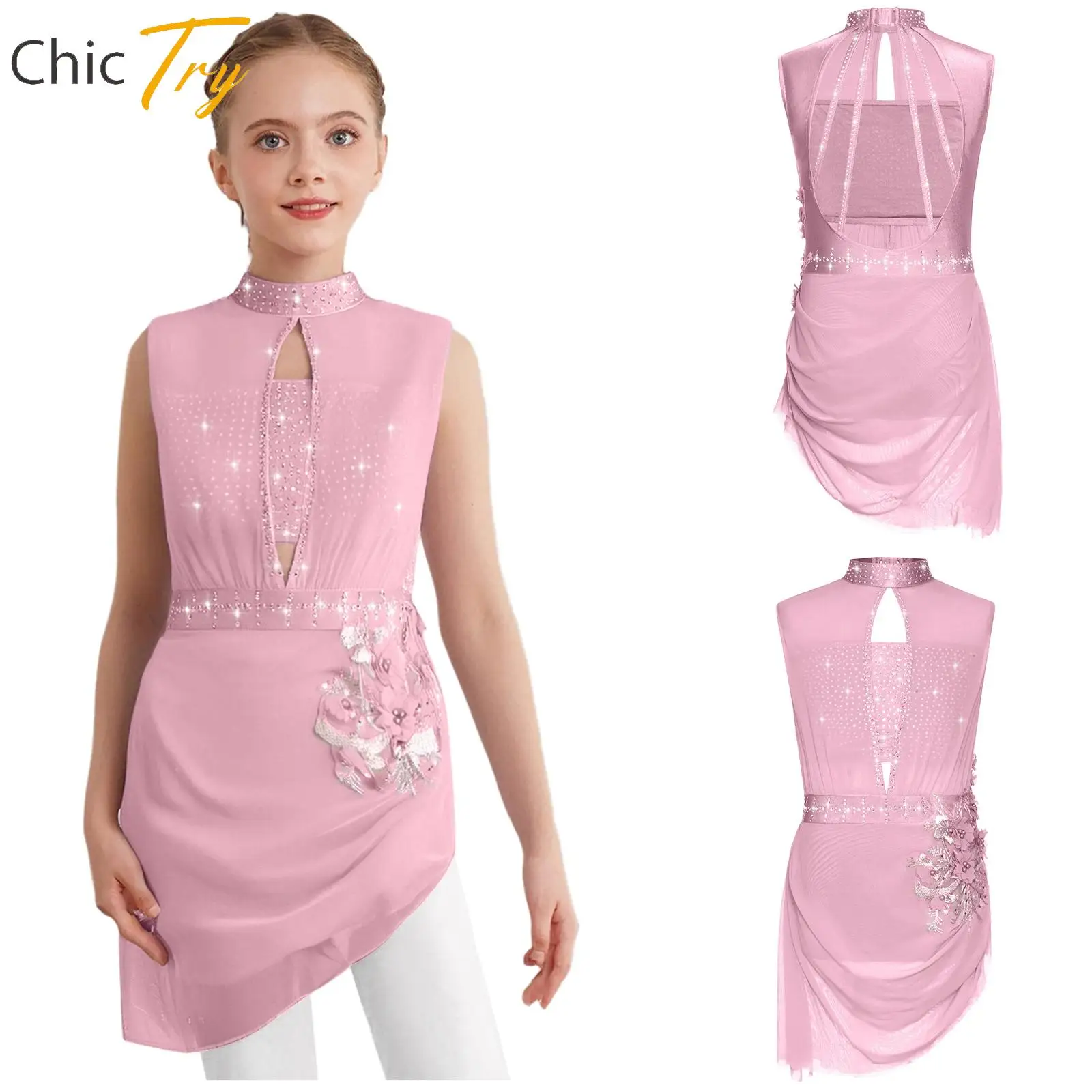 

Girls Applique Figure Skating Dress Rhinestone Gymnastics Ballet Leotard Dress Sleeveless Kid Lyrical Modern Dance Stage Costume