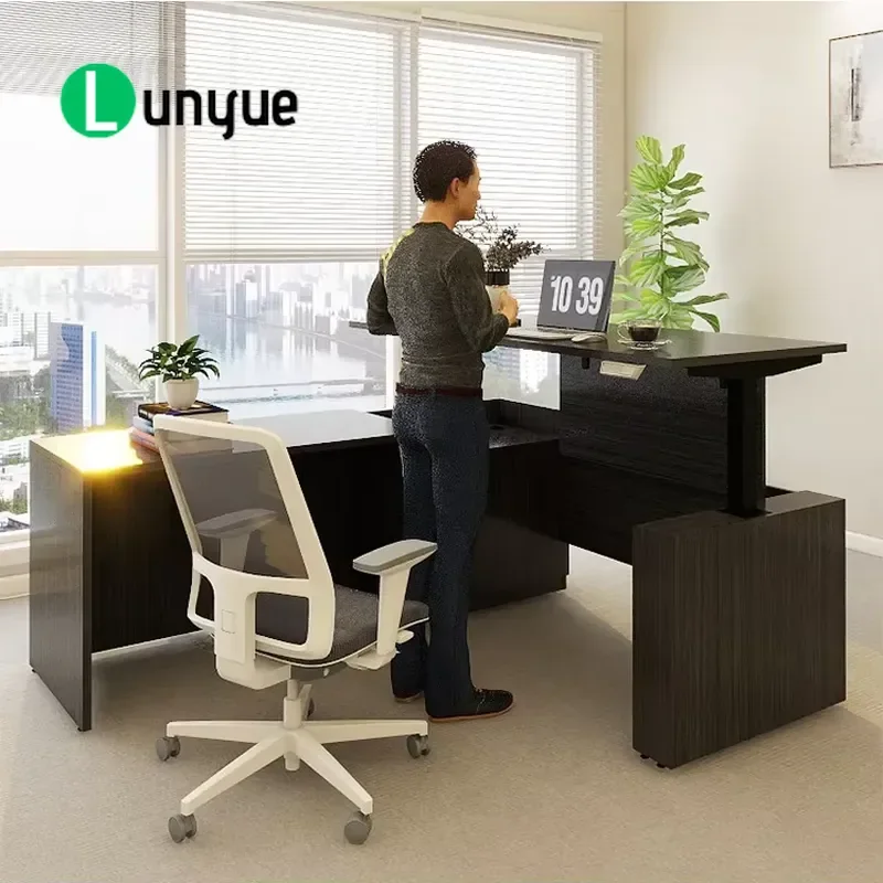 L Shaped Executive Standing Desk Adjustable Height with Cabinet BBF Base Office Furniture for Home Workstation Ergonomic