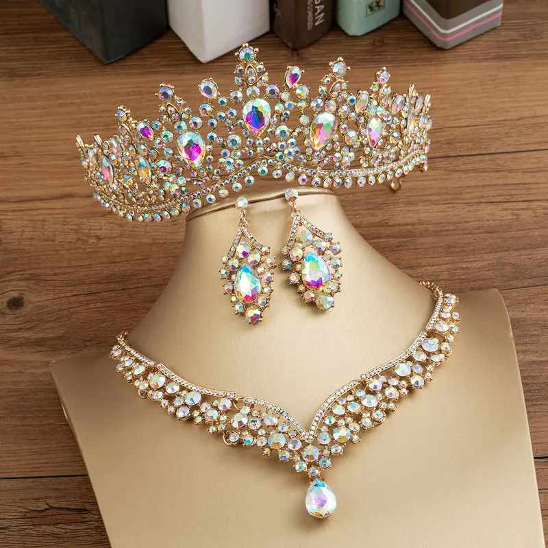 Baroque Gold Color Black Crystal Bridal Jewelry Sets Tiaras Crown Earrings Choker Necklace Women Wedding Dress Dubai Jewelry Set