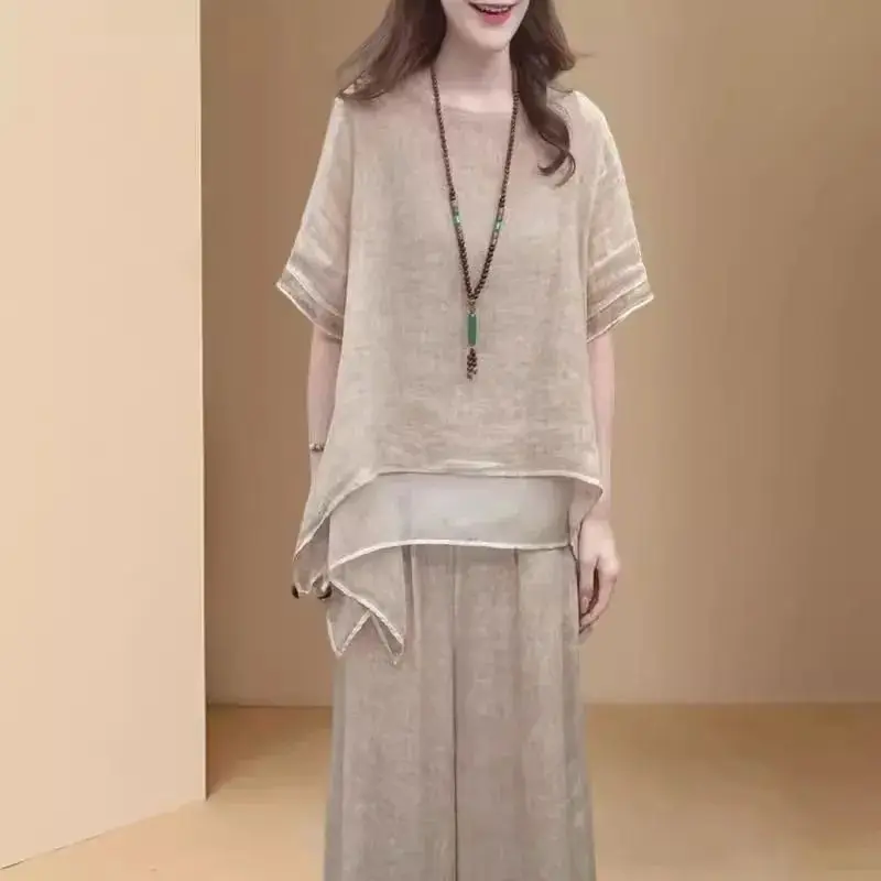 

Весна-Лето 2026: Модный женский комплект из хлопка и льна больших размеров – этнический свободный топ и повседневные брюки, комплект из двух предметов в стиле кэжуал для офиса