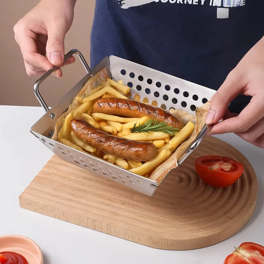 

Double Handle Stainless Steel Grilling Tray Anti-rust Drainable French Fries Fryer Basket Non-stick Hollow Design