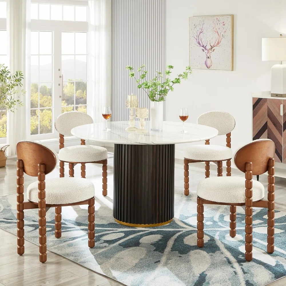 طاولة طعام مستديرة مقاس 48 بوصة لـ 4-6، طاولة مطبخ خشبية حديثة مع سطح رخامي مستدير وقاعدة على شكل برميل يدوية لغرفة الطعام