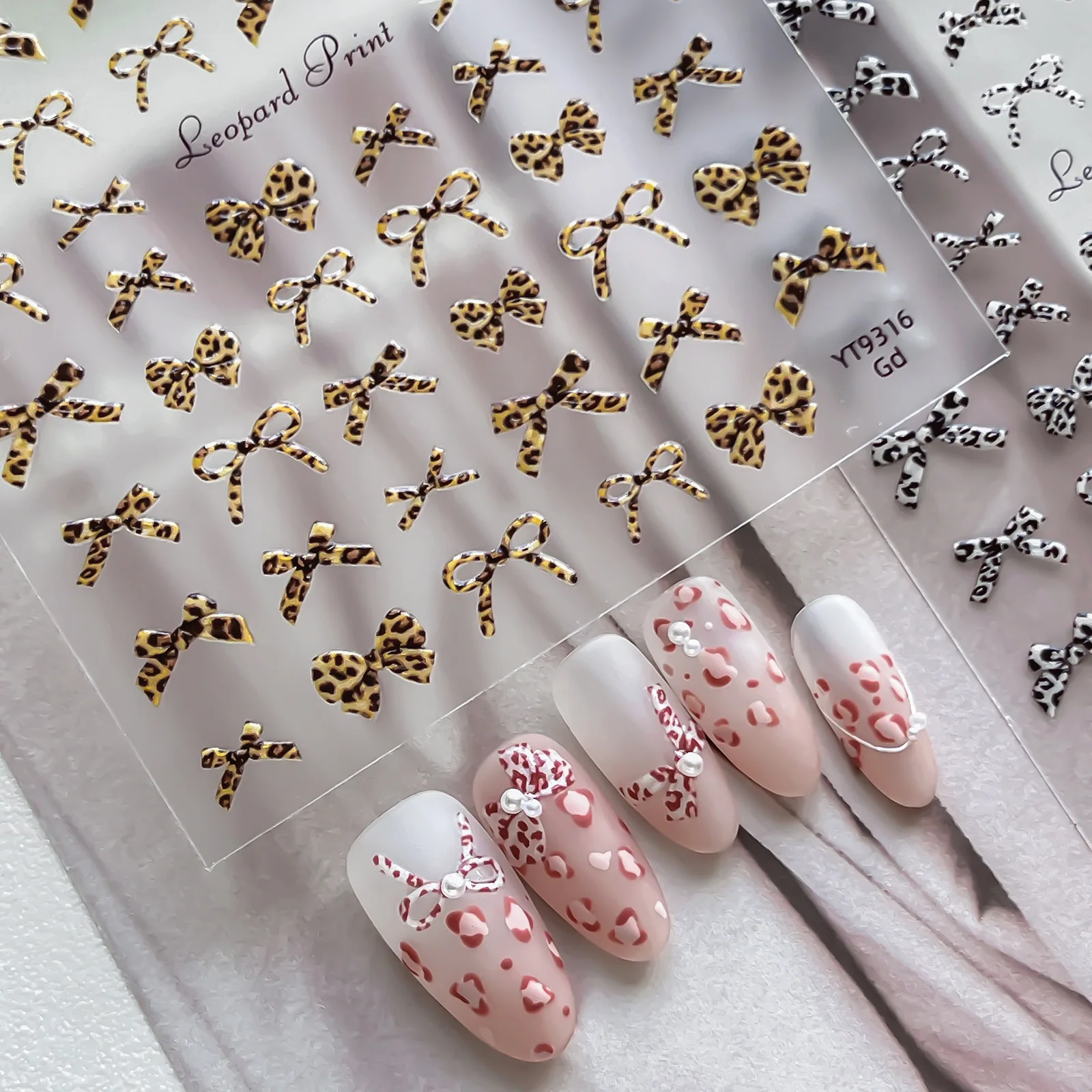 5D Jelly Leopard Print Bow Nail Stickers Pink Brown Black Vintage Polka Dot Bowknot Ribbon Decals DIY Manicure Decor Accessories