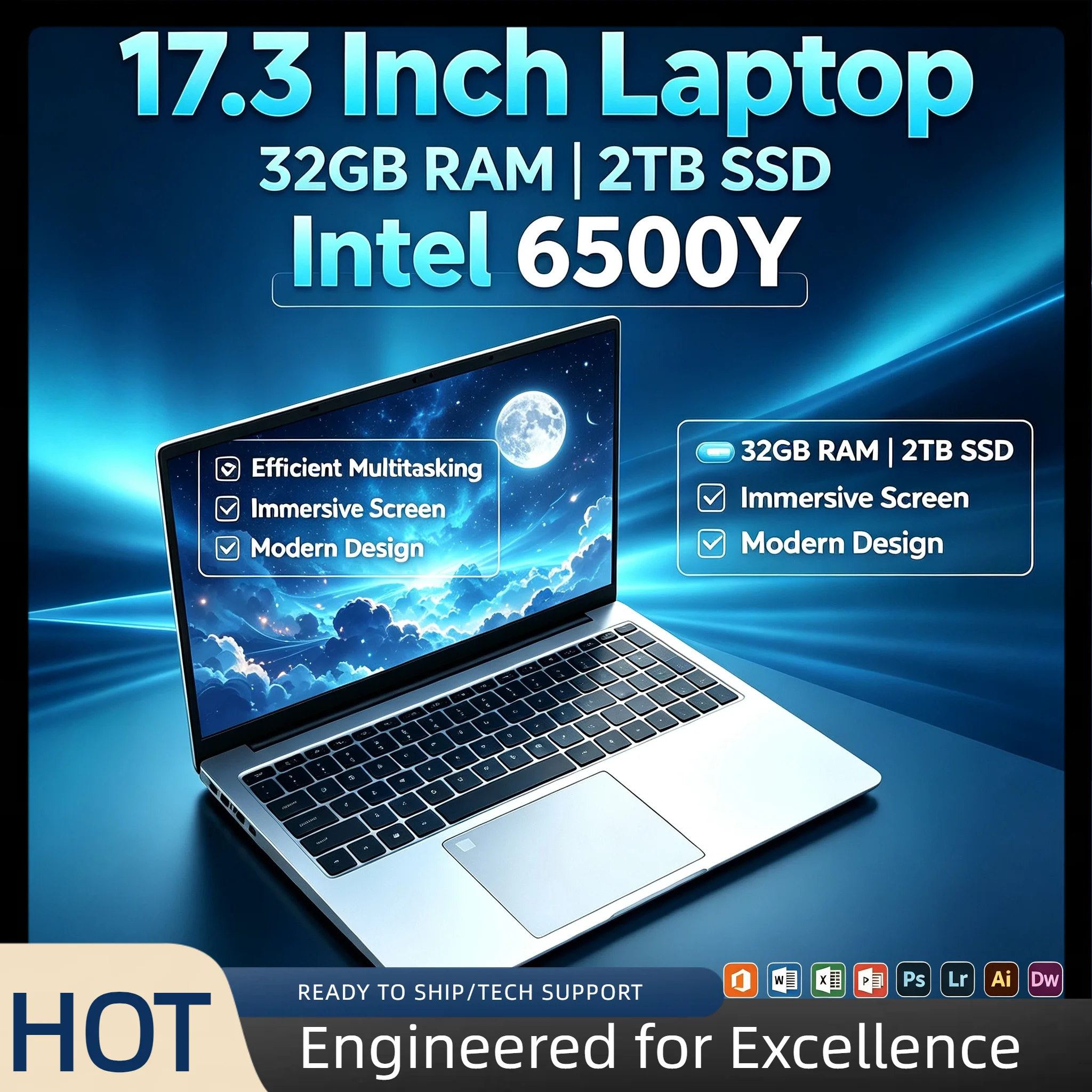 Intel 6500Y 17.3 Inch Full Size Laptop 32GB RAM 2TB SSD Fingerprint Unlock High Performance Work Gaming Notebook Max
