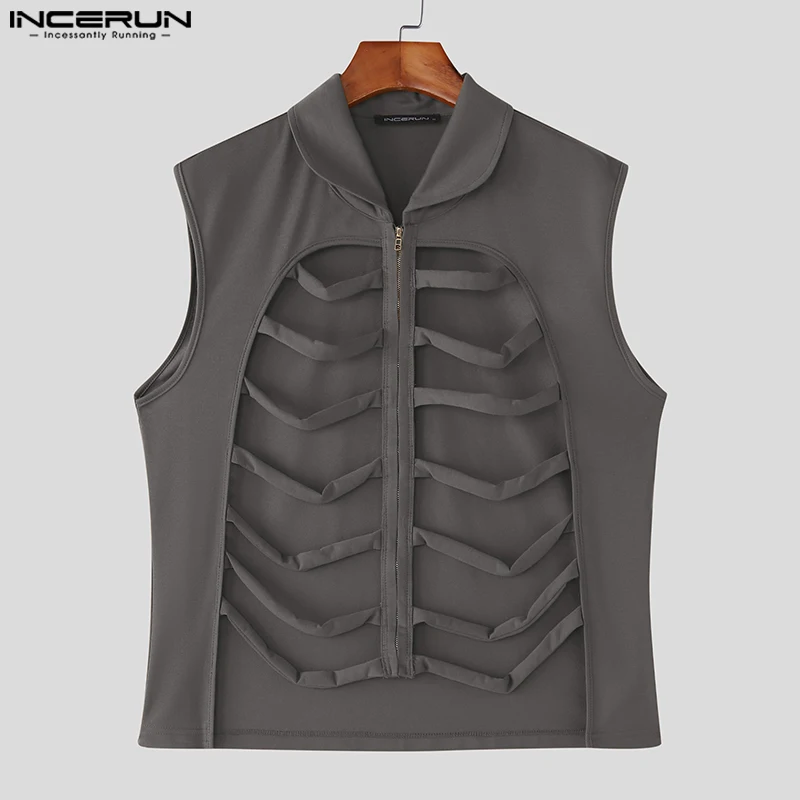 

INCERUN Men Vests Solid Color Lapel Sleeveless Hollow Out Male Waistcoats Summer Streetwear Zipper Fashion Casual Vests S-3XL