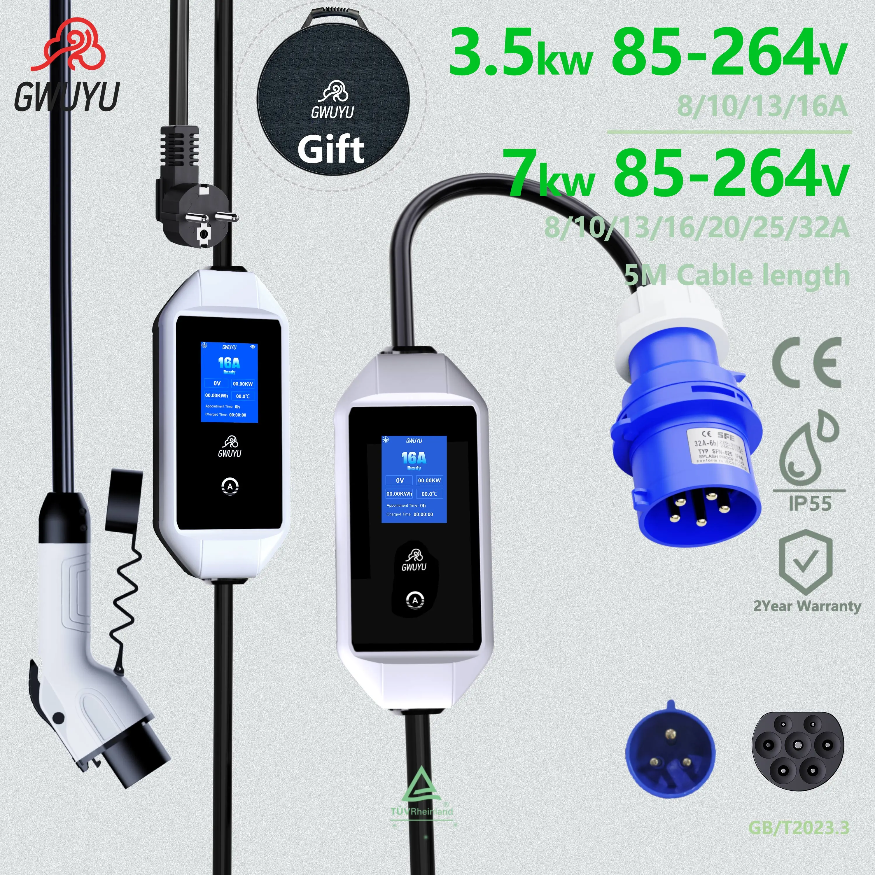

GWUYU Portable GB/T 3.5kW /7KW electric Vehicle Charger 16A 32A EV charger wallbox home charging station 2.8-inch screen