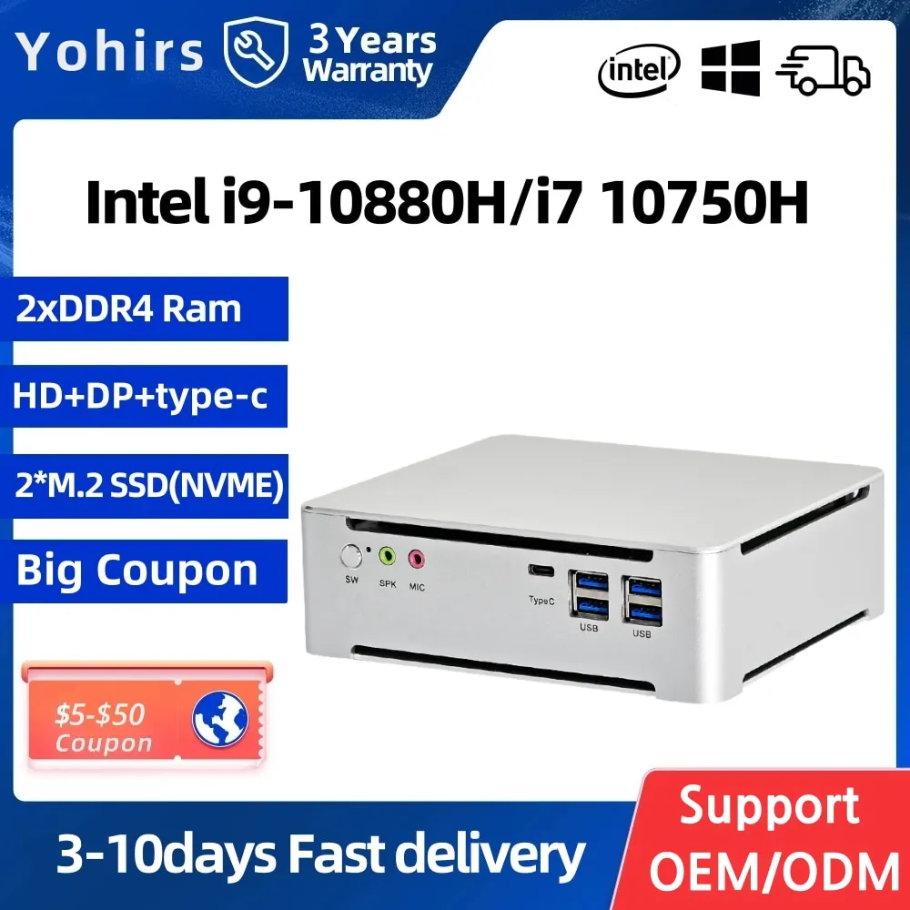 Дешевый офисный мини-ПК Intel Core i7 10870H i9 9880H NUC 2 * M.2 NVME SSD Win10 HDMI DP 4K HTPC сборный игровой настольный компьютер