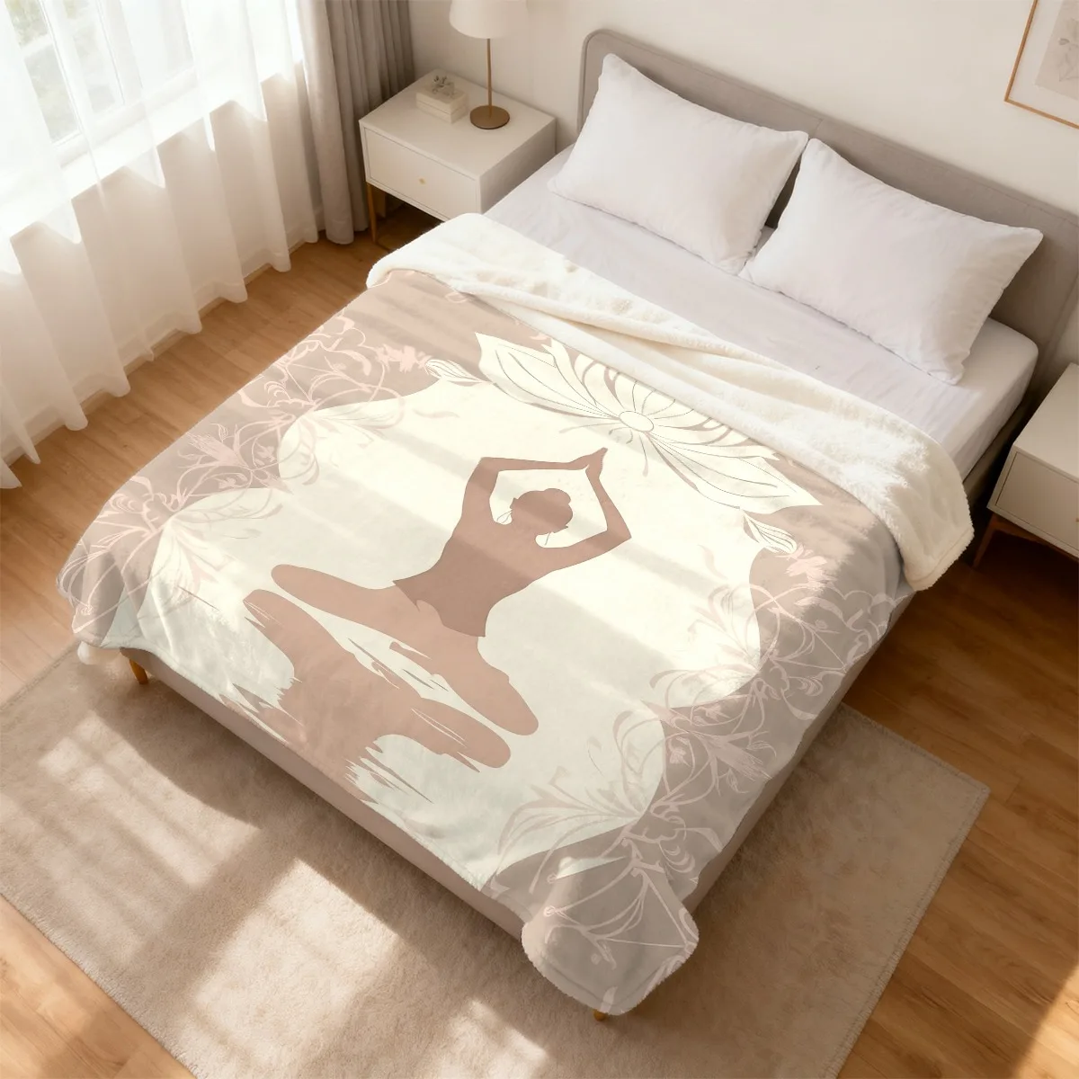 A Cozy Flannel Blanket Featuring a Yoga Design, Soft to The Touch with Vibrant Digital Prints, Making It an Ideal Present for Lo