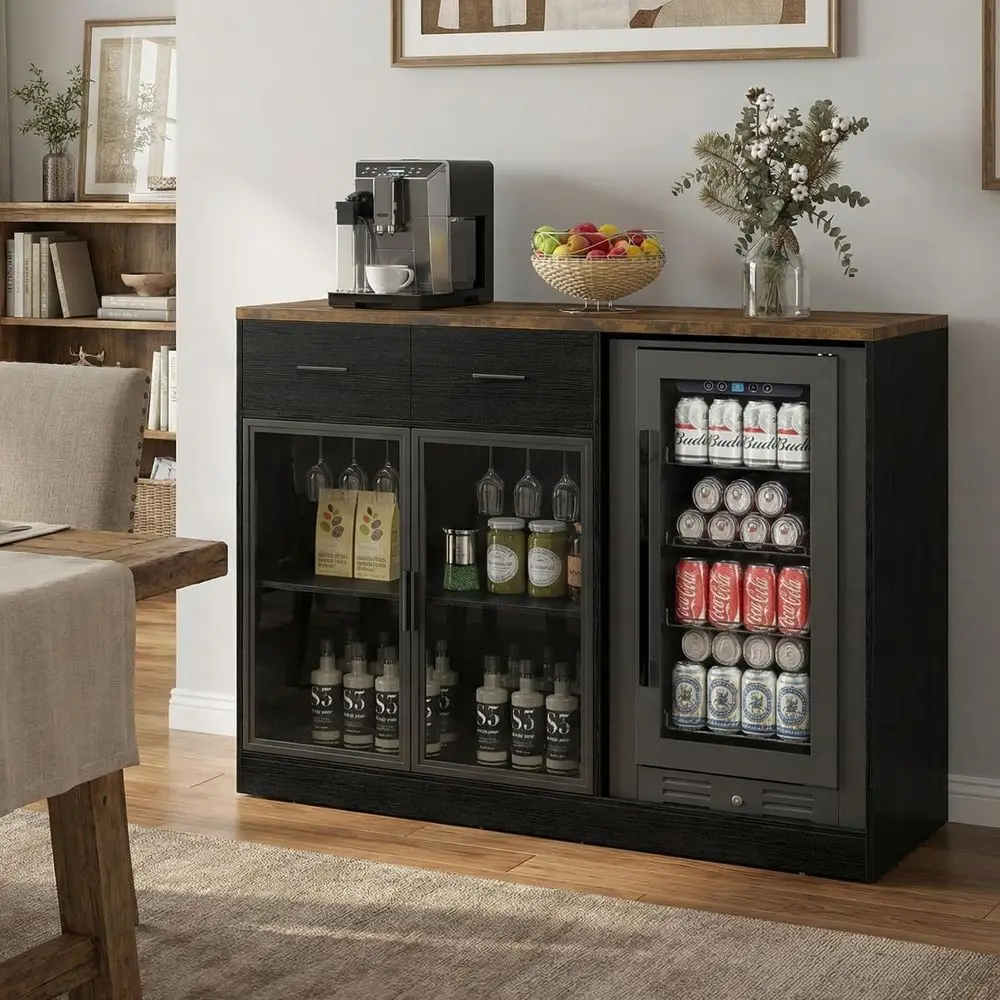 

53 Ridge Space Coffee Bar Cabinet with Power Outlet, LED Lights, and Wine Storage for Living & Dining Rooms in Rustic Brown