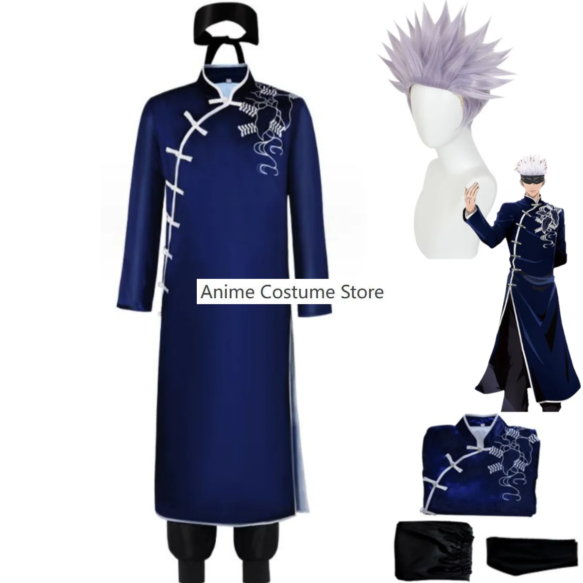 Anime Jujutsu Kaisen Satoru Gojo Cosplay Costume Wig Chinese Style Tangzhuang Cheongsam Adult Man Kung Fu Uniform Suit